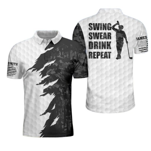 Swing Swear Drink Repeat Ripped Camouflage Skull Golf Custom Polo Shirt Personalized Black And White Golf Shirt For Men