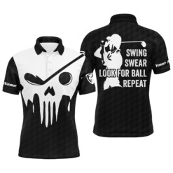 Swing Swear Look For Ball Repeat Custom Name Black And White Golf Skull Mens Golf Polo Shirt