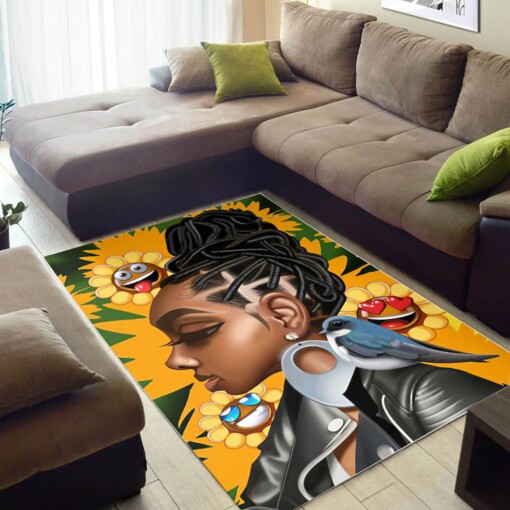 African American Pretty Lady With Afro Inspired Modern Themed Living Room Rug