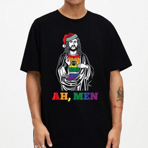 Ah Men Christmas Funny Lgbt-q Pride Xmas Jesus Gay Christian T-Shirt