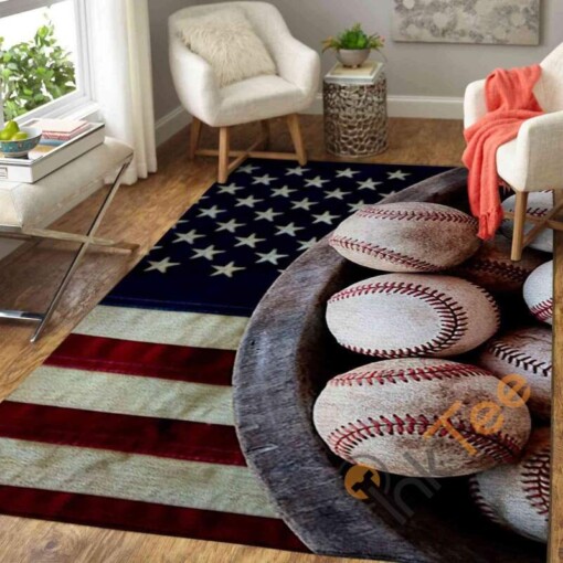 Baseball Ball On American Flag Area Rug