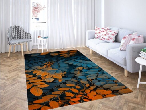 Blue And Orange Leaves Living Room Modern Carpet Rug