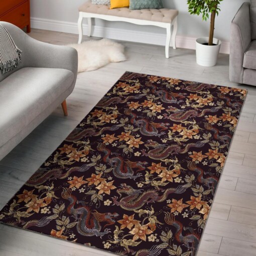 Chinese Floral Dragon Pattern Print Area Limited Edition Rug