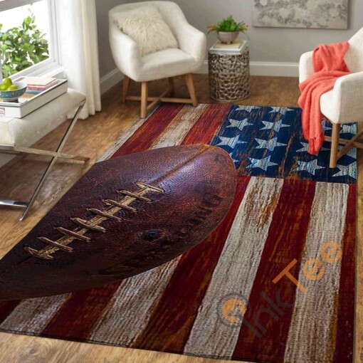 Football Ball On American Flag Area Rug