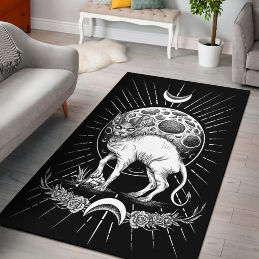 Gothic Occult Black Cat Unique Sphinx Style Area Rug Black And White Awesome Full Cat Demonic White Eye Full Moon