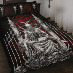 Skull Satanic Goat Satanic Pentagram Serpent Delivered To The Pearly Gates Quilt 3 Piece Set Black And White Red