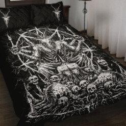 Skull Satanic Goat Impaled Eternal Torment Skull Candle Trophy Quilt All Black And White 3 Piece Set