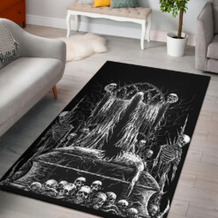 Skull Hooded Demon Impaled Coffin Shrine Area Rug Black And White