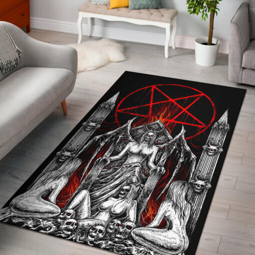 Skull Satanic Pentagram Demon Lust Throne Area Rug Black And White Red