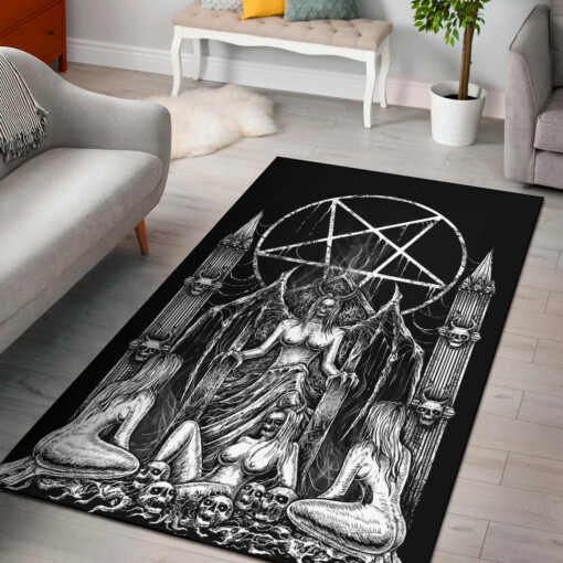 Skull Satanic Pentagram Lust Throne Area Rug Black And White Smoke Flame