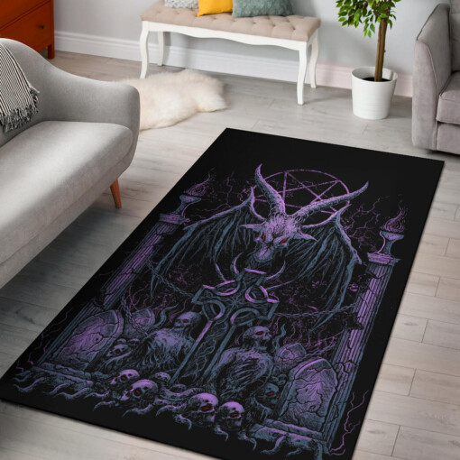 Skull Satanic Pentagram Baphomet Demon Bat Wing Goat Grave Shrine Area Rug Awesome Night Blue Purple Pink Tint