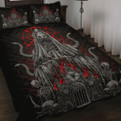 Skull Demon Virgin Serpent Satanic Pentagram Flame Church Quilt 3 Piece Set Silver And Red