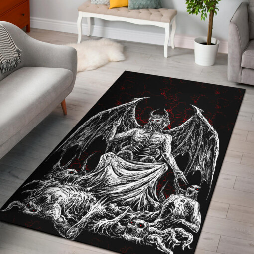 Skull Skeleton Satanic Bat Wing Demon God Area Rug Black And White Red Version