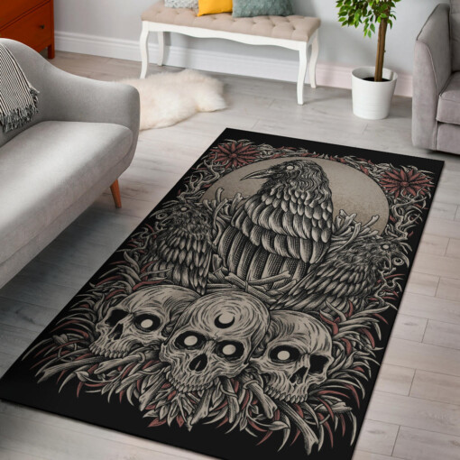 Skull Gothic Occult Crow Area Rug Color Version
