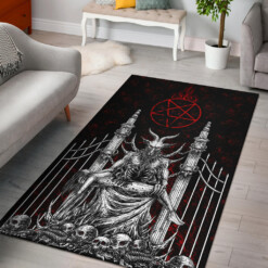 Skull Satanic Goat Satanic Pentagram Flame Serpent Delivered To The Pearly Gates Area Rug Black And White Red