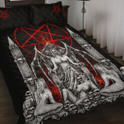 Skull Satanic Pentagram Lust Throne Quilt 3 Piece Set Black And White Red Flame