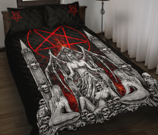 Skull Satanic Pentagram Lust Throne Quilt 3 Piece Set Black And White Red Flame