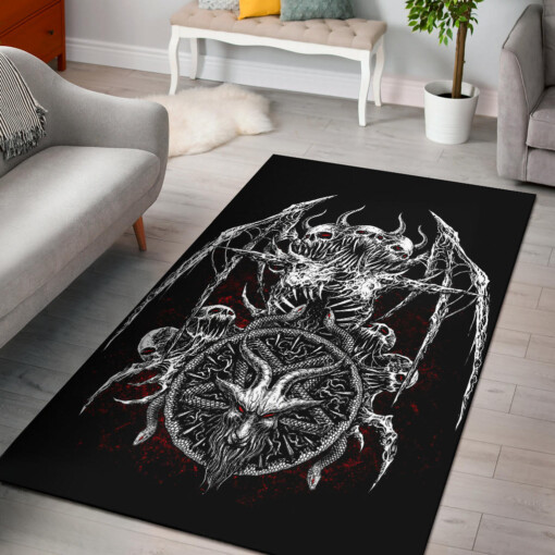 Skull Satanic Demon Goat Satanic Pentagram Serpent Area Rug Red Eye Blood Red Background Version