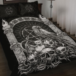 Skull Goth Occult Raven Bat Wing Cat Shrine Quilt 3 Piece Set All Black And White Version