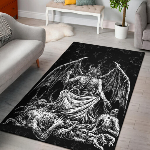 Skull Skeleton Satanic Bat Wing Demon God Area Rug Black And White