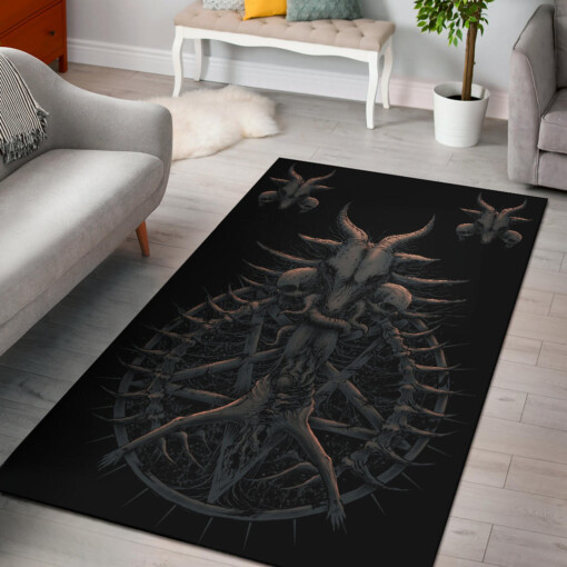 Satanic Skull Goat Inverted Pentagram Thorn Head To Heavy Savior Area Rug Bronze Rust Version