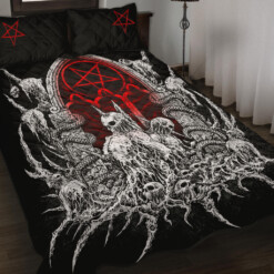 Skull Satanic Pentagram Shrine Quilt 3 Piece Set New Red