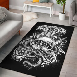 Skull Serpent Demon Rose Area Rug Black And White Version