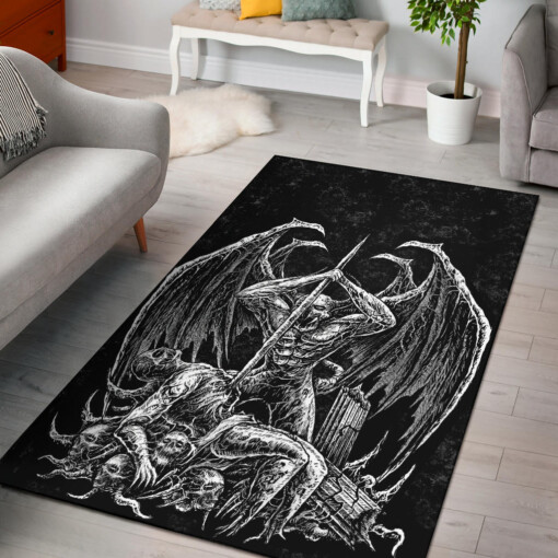 Skull Winged Demon Slaying Area Rug Black And White Version Version