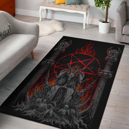Skull Satanic Goat Satanic Pentagram Flame Area Rug Silver Version