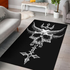 Satanic Skull Demon Horn Inverted Cross Dagger Area Rug