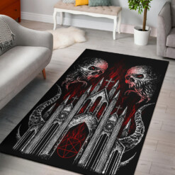 Skull Demon Satanic Pentagram Church Area Rug Black And White Red Flame Version