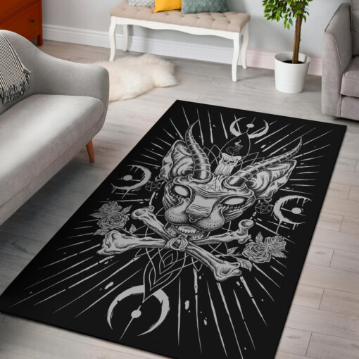Skull Gothic Occult Black Cat Unique Sphinx Style Part 2 Area Rug Black And White Awesome Demonic White Eye