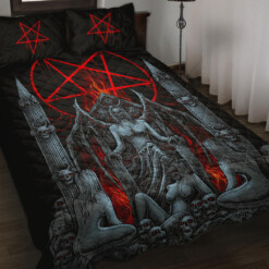 Skull Satanic Pentagram Lust Throne Quilt 3 Piece Set Color Version