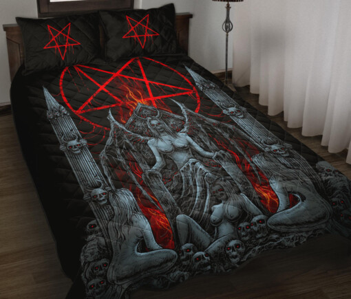 Skull Satanic Pentagram Lust Throne Quilt 3 Piece Set Color Version
