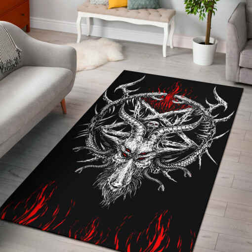 Skull Satanic Goat Serpent Inverted Pentagram Flame Area Rug Black And White Red Version