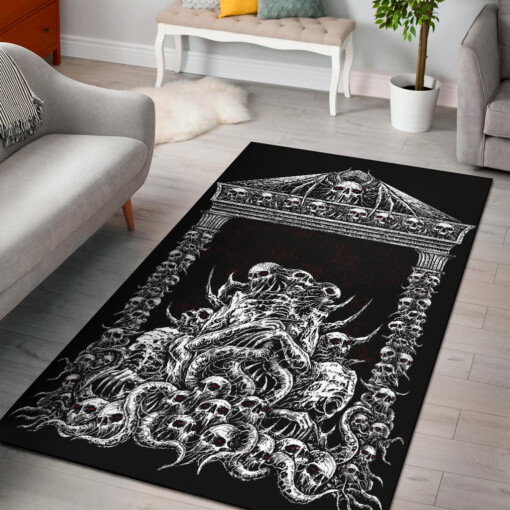 Skull Goth Bat Skull Death Shrine Area Rug Black And White Red