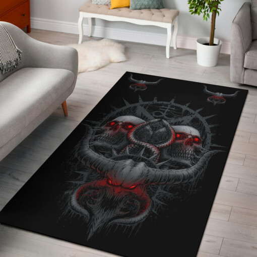 Skull Satanic Glowing Demon Horn With Serpents Color Version Area Rug