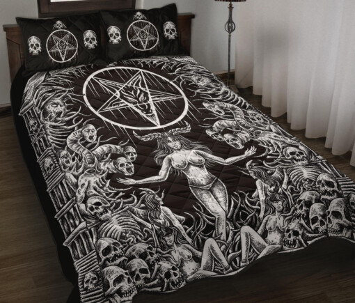 Skull Skeleton Satanic Pentagram Demon Shrine Quilt 3 Piece Set