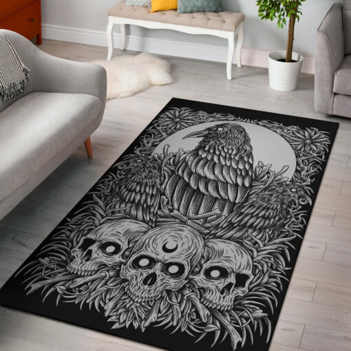 Skull Goth Occult Crow Area Rug Black And White Version