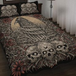 Skull Gothic Occult Crow Eye Quilt 3 Piece Set Wide Color Version