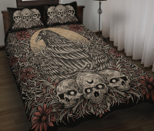 Skull Gothic Occult Crow Eye Quilt 3 Piece Set Wide Color Version