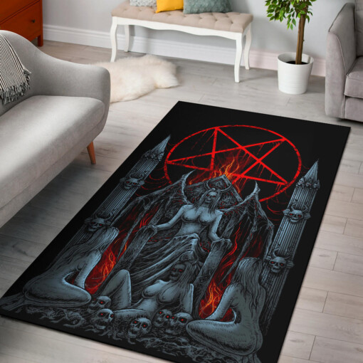 Skull Satanic Pentagram Flame Demon Lust Throne Area Rug Color Version