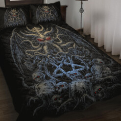 Skull Satanic Pentagram Demon Octopus Quilt 3 Piece Set Awesome Night Blue