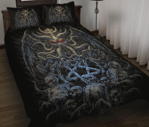 Skull Satanic Pentagram Demon Octopus Quilt 3 Piece Set Awesome Night Blue