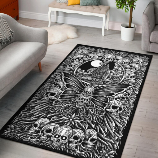 Skull Occult Crow Moth Area Rug Black And White Version