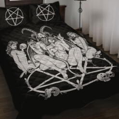 Skull Satanic Baphomet Goat Pentagram Lust God Naughty And Lovin It Cocktail Flesh Party Quilt 3 Piece Set Black And White Awesome Large Print
