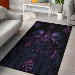 Skull Demon Satanic Pentagram Church Flame Area Rug Night Blue Pink Tint