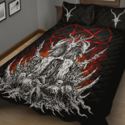 Skull Satanic Goat Satanic Pentagram Flame Quilt 3 Piece Set Large Flame Version