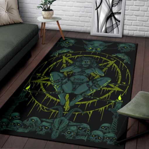 Skull Demon Satanic Baphomet Goat Satanic Pentagram Chained To Sin And Lovin It Watching Over The Sinner Area Rug Awesome Glowing Green