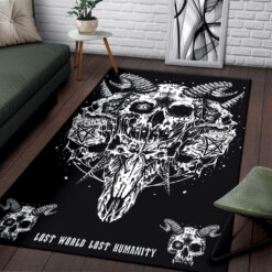 Satanic World Skull Inverted Pentagram Inverted Cross Goat Skull Demon Horn Skull Area Rug